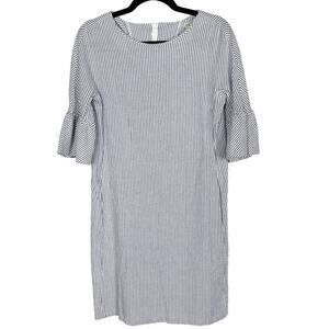 Kim and Proper XXS Blue White Seersucker Striped Short Bell Sleeve Dress Cotton